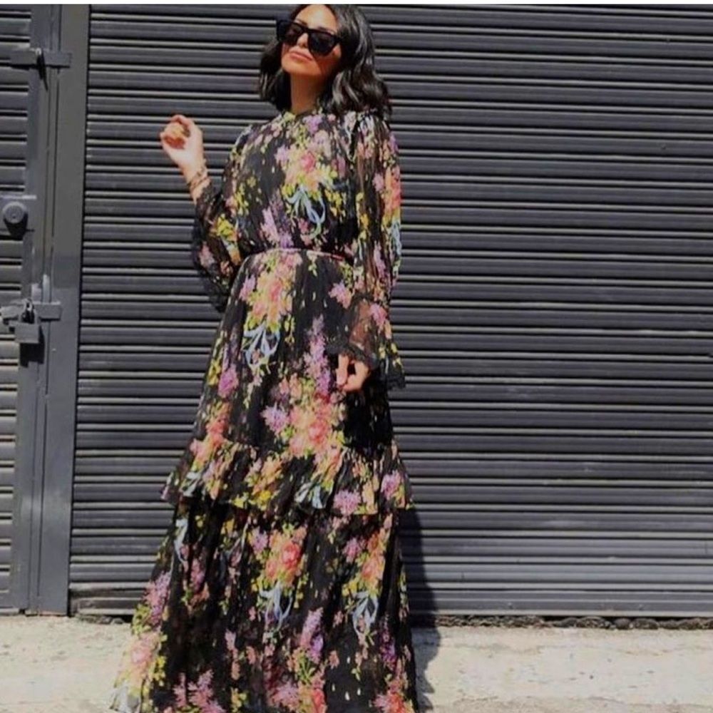 Needle & Thread Black Floral Tiered Maxi Dress